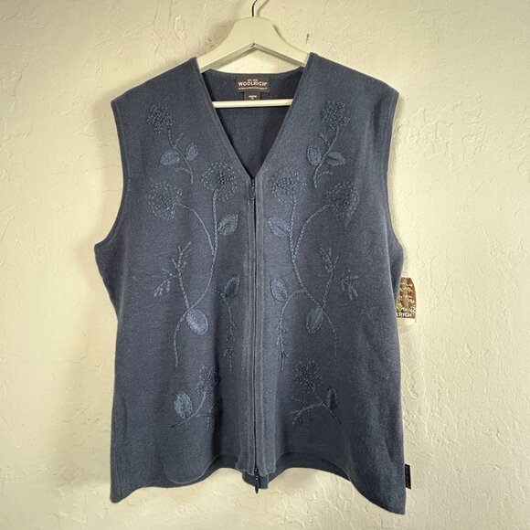 Woolrich Womens Walnut Hill Vest XL Lapis Blue Floral Embroidered Zip V-Neck New - Picture 1 of 8